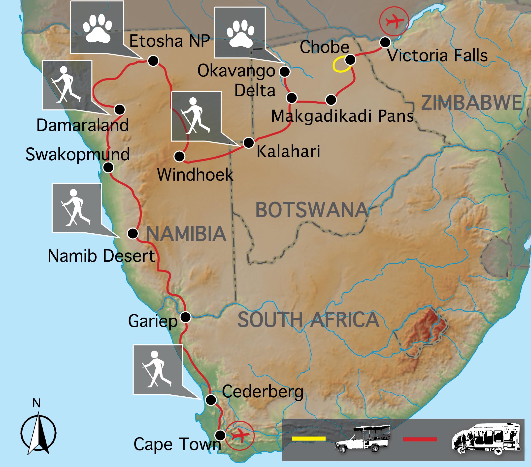Sunway Safaris Capetown to Victoria Falls Grand Explorer Map