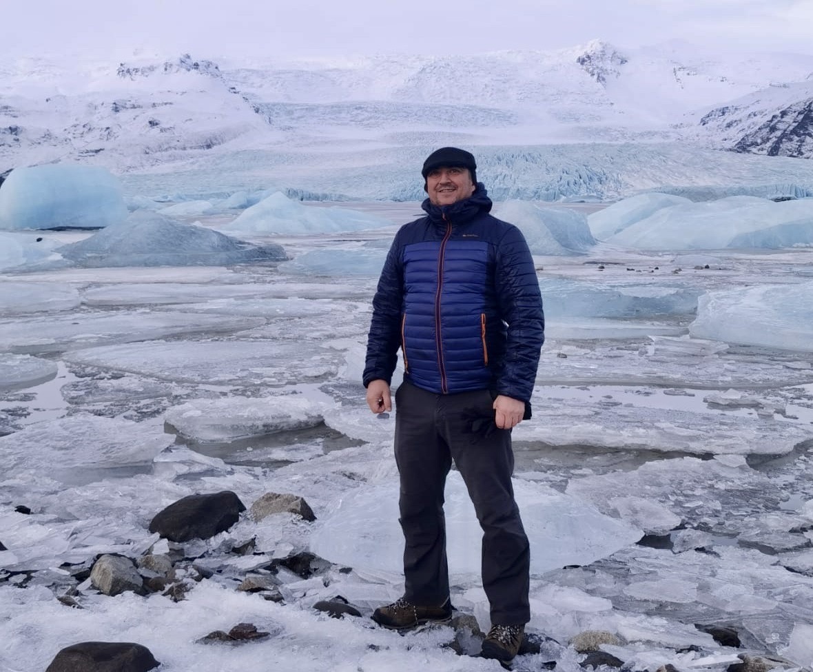 Guide standing on a glacier in Patagonia